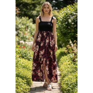 Smocked Maxi Floral Tassel Tie Straps Sun Flowy Prairie Dress Women's L Lildy